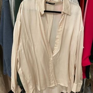 zara champagne-colored silk button down